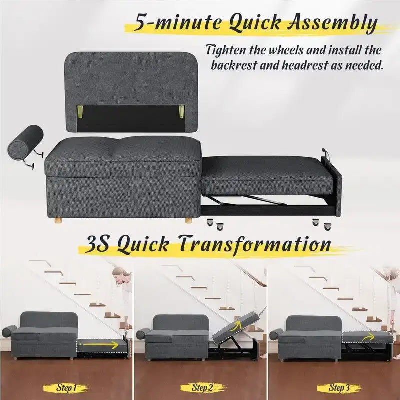 4 in 1 Multi-Function Folding Sofa Folding Bed Single Futon Couch Guest Bed with 2 Throw Pillows