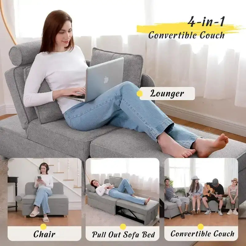 4 in 1 Multi-Function Folding Sofa Folding Bed Single Futon Couch Guest Bed with 2 Throw Pillows