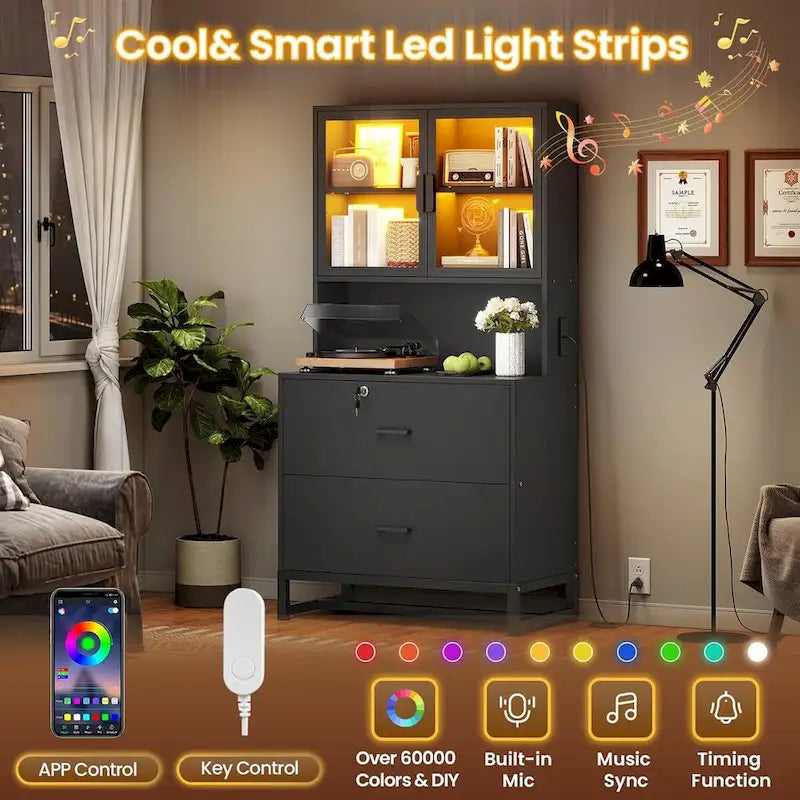 2 Drawer File Cabinet Lock & Charging Station Storage Shelf