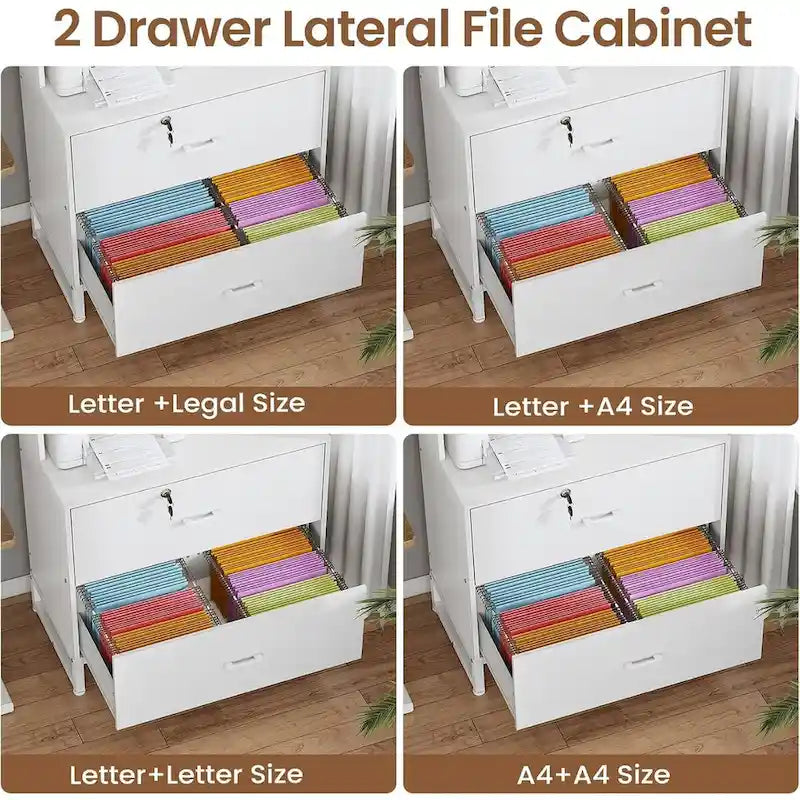 2 Drawer File Cabinet Lock & Charging Station Storage Shelf